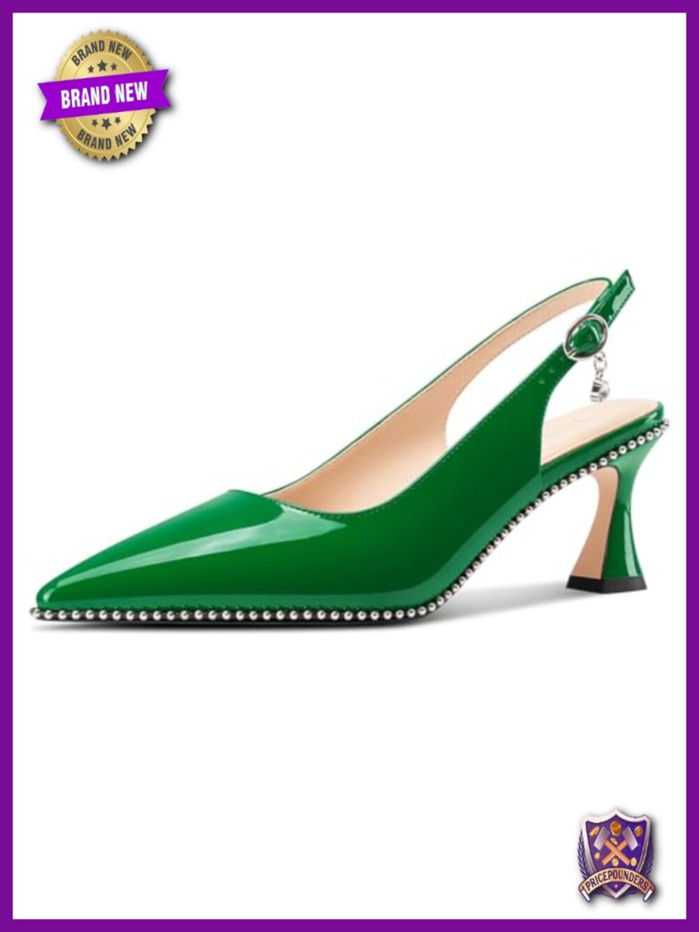 Kitten Heel Pointed Toe Pumps Beaded Slingback Slip-on Buckle Patent Leather